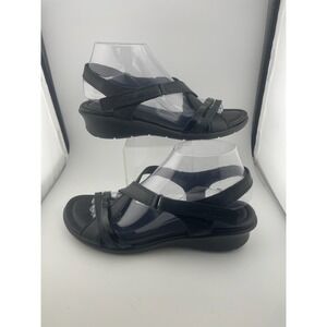 ECCO Felicia Black Leather Adjustable Strap Wedge Sandals Womens Size 40 9-10